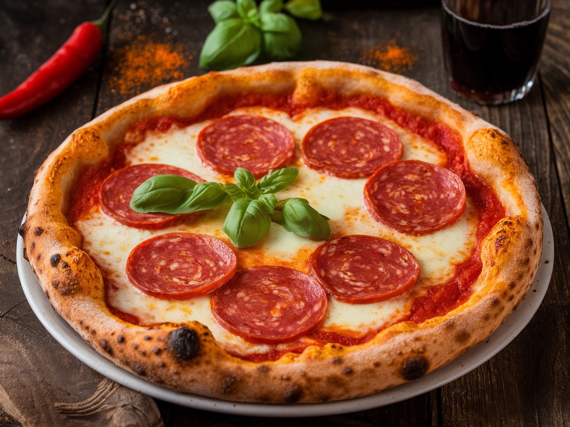 Spicy Diavola Pizza on rustic table with salami, mozzarella, and basil.